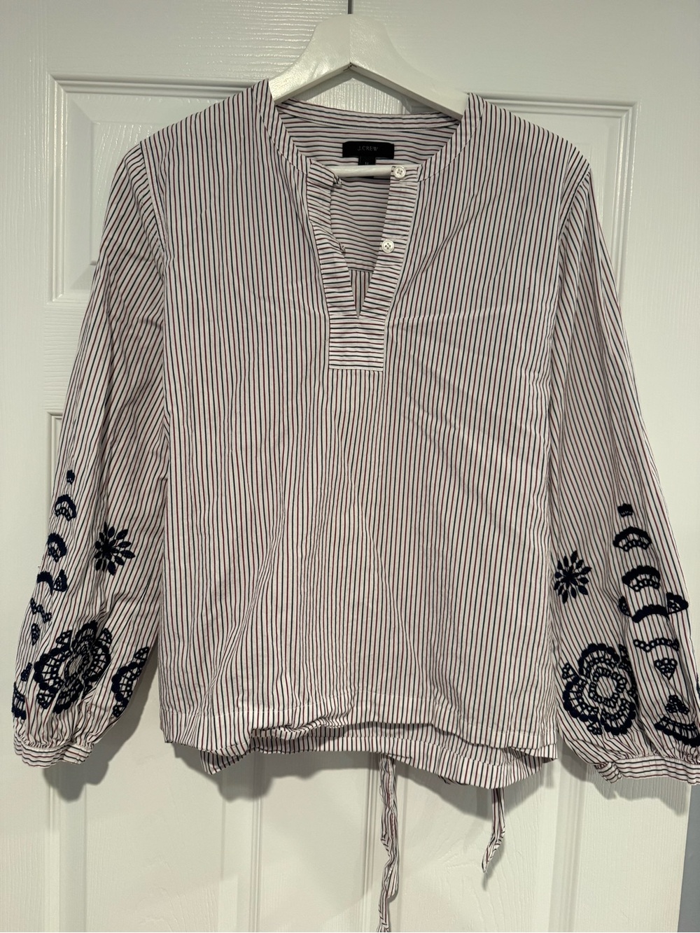 J.Crew Striped Popover Top with Navy Embroidery - White & Navy